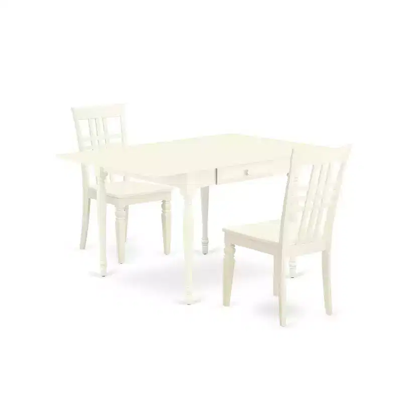 HomeStock 3-Pc Linen White Finish Solid Wood Top with Dropleaf Dining Table Set