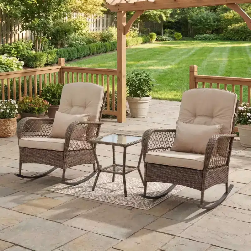 2 Piece Outdoor Wicker Rocking Chair with Thick Cushions & Lumbar Pillow, Removable Washable Covers, All Weather Patio Furniture Set for Porch
