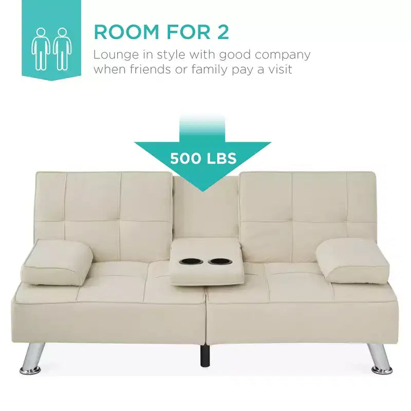 Best Choice Products Modern Linen Convertible Futon Sofa Bed w/ Removable Armrests, Metal Legs, Cupholders