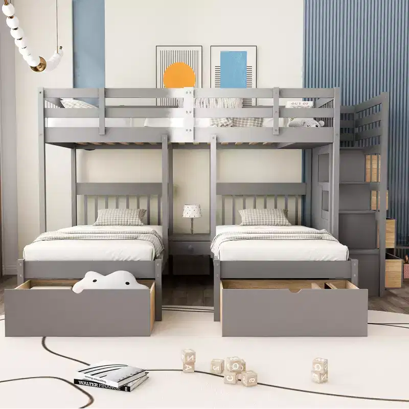 Whisen Full Over Twin & Twin Bunk Bed, Wood Triple Bunk Bed with Drawers and Guardrails