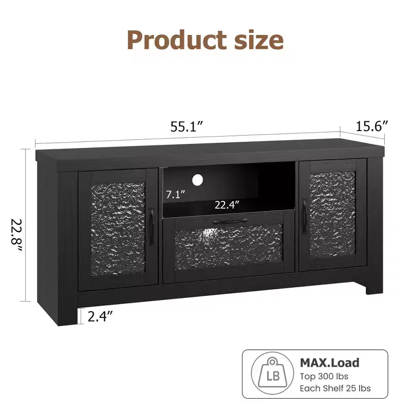 55 Farmhouse TV Stand with Water Ripple Acrylic Doors  Entertainment Center for 55 TVs, Adjustable Shelves, 300 lbs Capacity