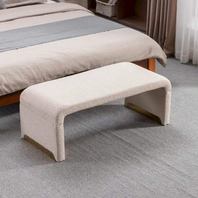 New Boucle Fabric Ottoman Footstool Bedroom Bench Shoe Bench With Gold Metal Legs