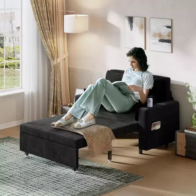 Black/Gray 3-in-1 Convertible Sleeper Sofa, 2-Seater