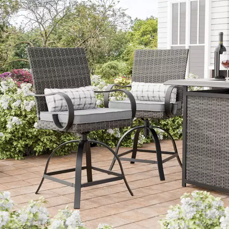 Greemotion 2pc Arosa Outdoor Counter Height Steel Swivel Patio Chairs with Lumbar Pillows Gray