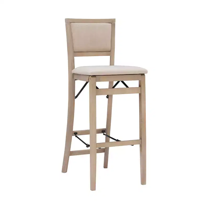 Folding Barstool, Padded Back & Seat, Gray Wash Wood, 30.75
