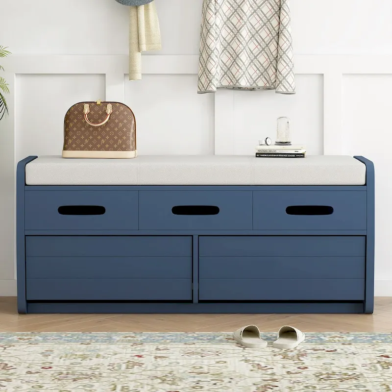 Rustic Storage Bench with 2 Drawers, Hidden Storage Space, and 3 False Drawers at the Top, Shoe Bench for Living Room