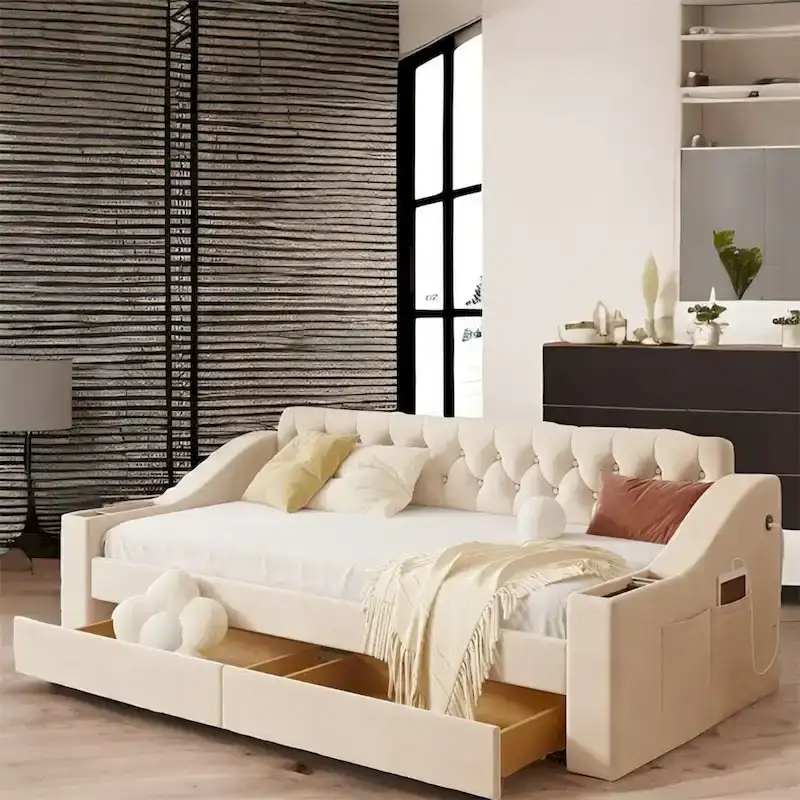 Beige/Gray Velvet Twin Daybed with Storage Drawers & USB Ports – 1-Person