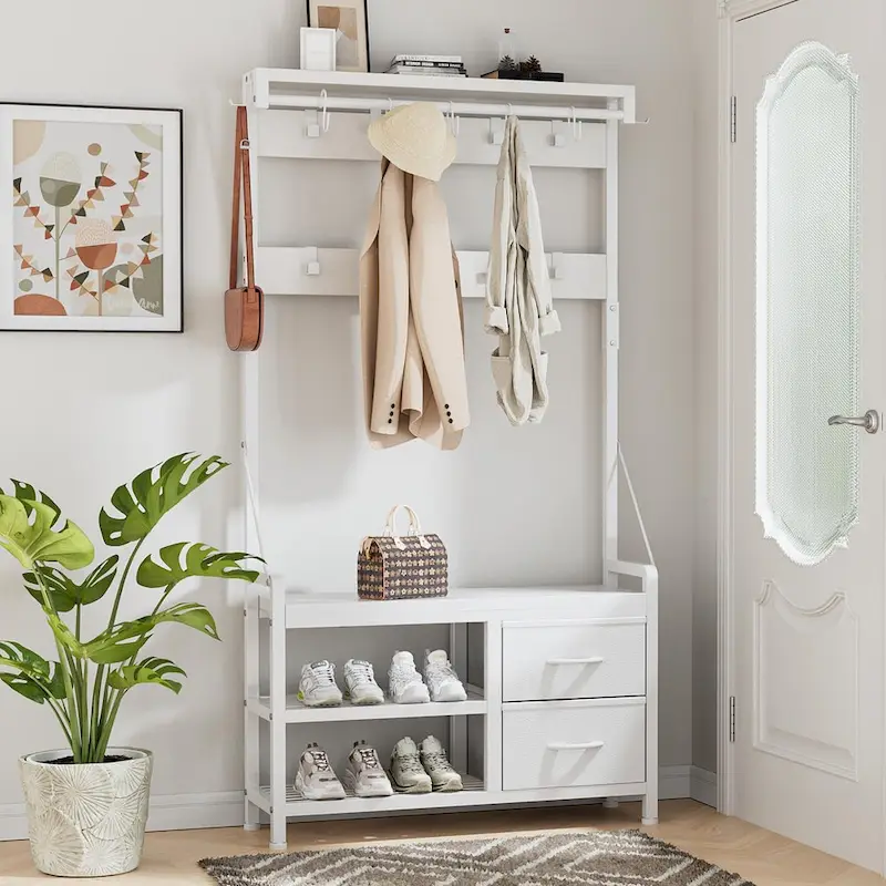 Hall Tree with Bench, Can Divided into freestanding Shoe Bench and Wall Rack