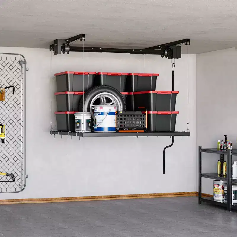 Adjustable Heavy-Duty Overhead Garage Storage Rack, Ceiling-Mounted with Safety Lock, 250 lb Capacity for Bins, Tools, Bikes, and Garage