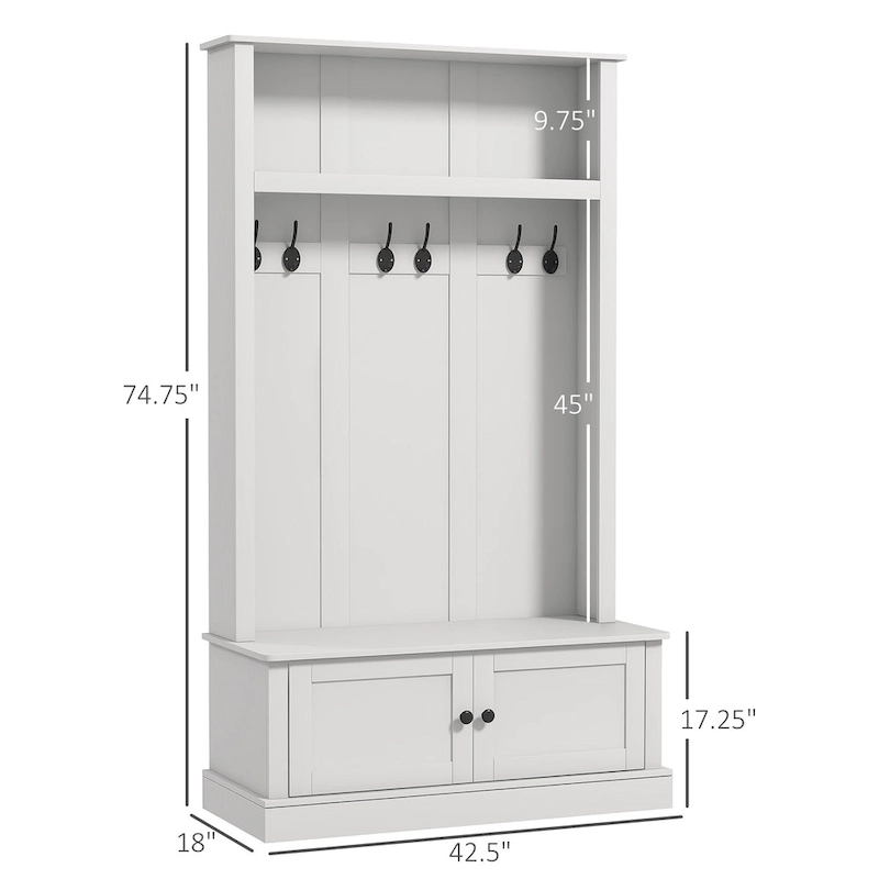 HOMCOM Freestanding Hall Tree, Entryway Bench with Coat Rack, Shoe Cabinet and Top Shelf
