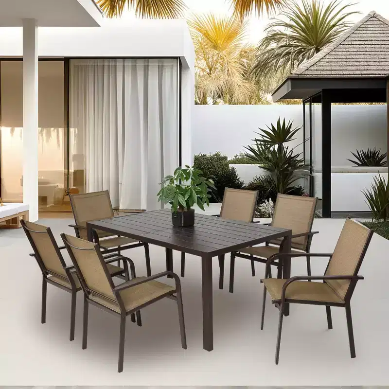 GDFStudio Eudora Outdoor Weatherproof 7 Pieces Patio Dining Set with 6 Textilene Chairs
