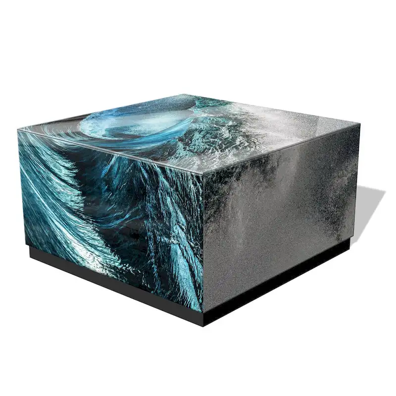 Sapphire Sea Reverse Printed Beveled Art Glass Cocktail Table with Black Plinth Base