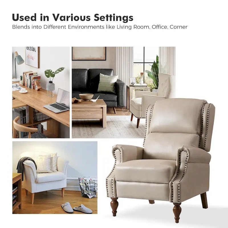 Traditional Vegan Leather Manual Push-Back Recliner, Padded Armrests, Solid Wood Legs, Living Room