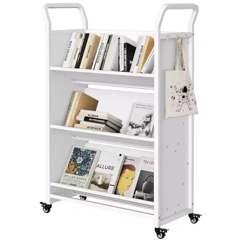 Book Cart with Wheels, Heavy-Duty Mobile Bookshelf Organizer, Single Sided V-Shaped Rolling Library Cart for Office School Home, White