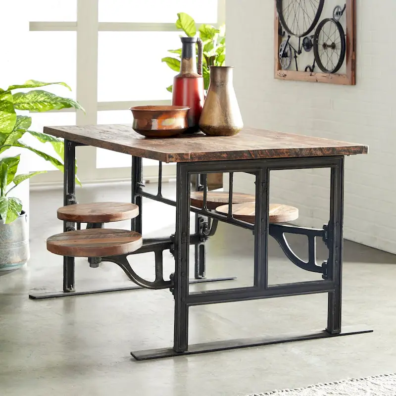 Teak Wood Dining Table with Attached Bench Seats, Rustic Brown, Solid Wood Indoor Outdoor Dining