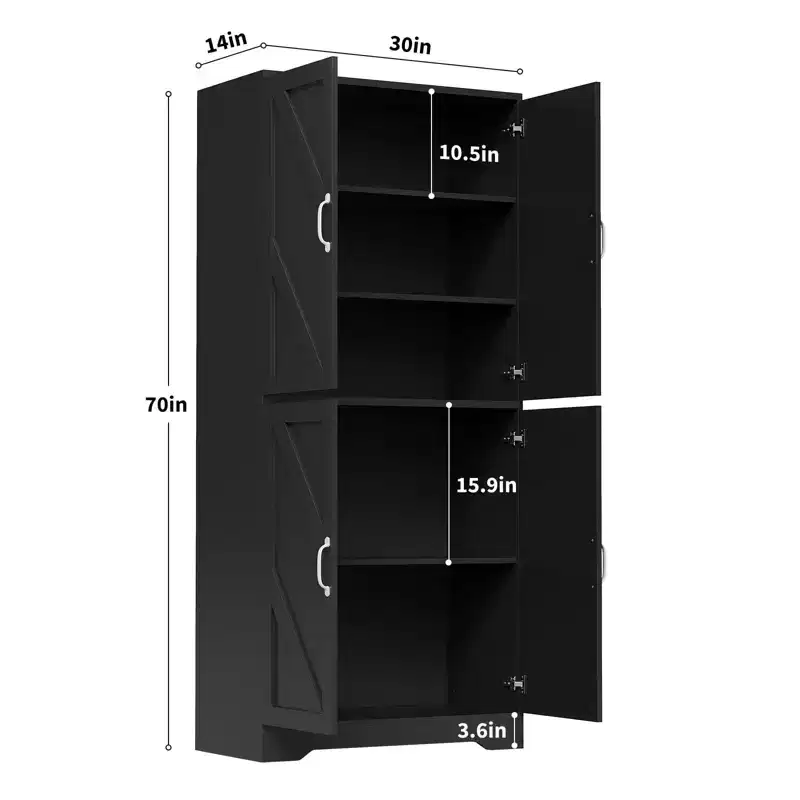 70 Tall Kitchen Pantry Cabinet with Open Shelf - 4 Door Farmhouse Storage Cabinet with Adjustable Shelves for Kitchen Dining Room