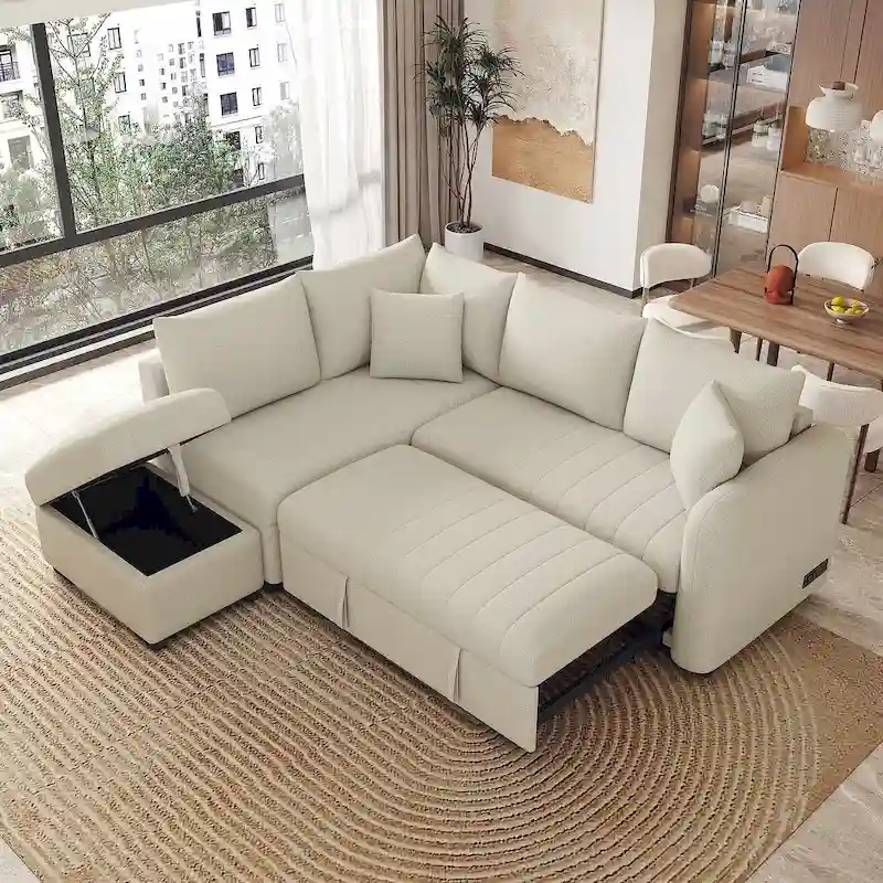 Upholstery Sleeper Sectional Sofa with Movable Storage Ottoman, L-shaped Sectional Pull Out Sofa Bed