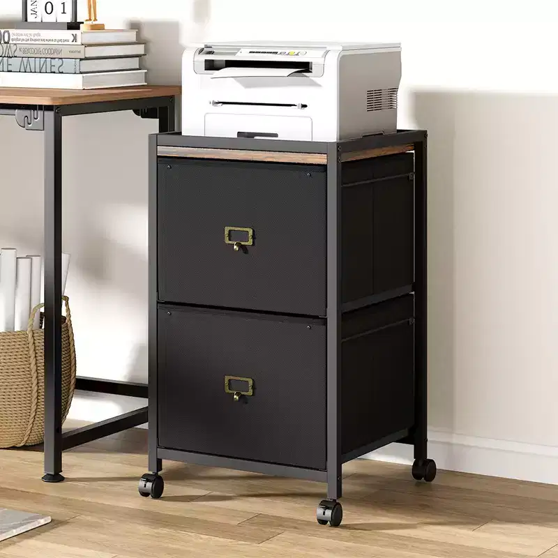 2 Drawer File Cabinet, Fabric Vertical File Cabinet with Wheels, Cabinet for Home Office Fits A4 or Letter Size, Small Under Desk Storage Cabinet