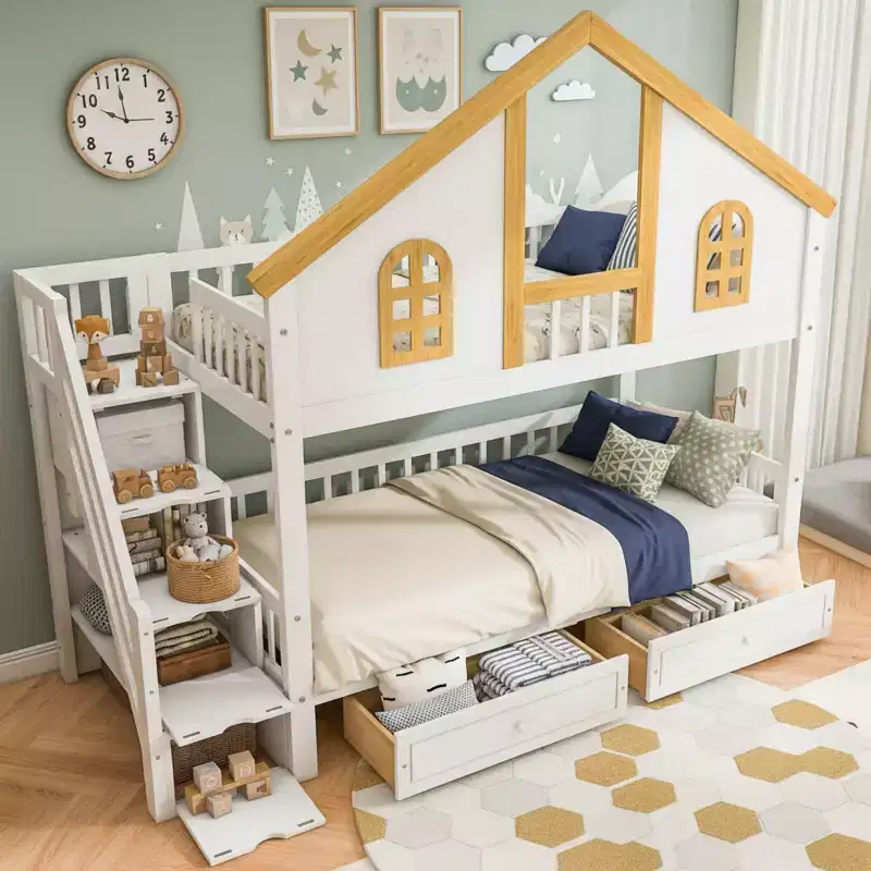 Polibi Full/Twin Bunk Bed with Roof, Windows, Drawers & Staircase