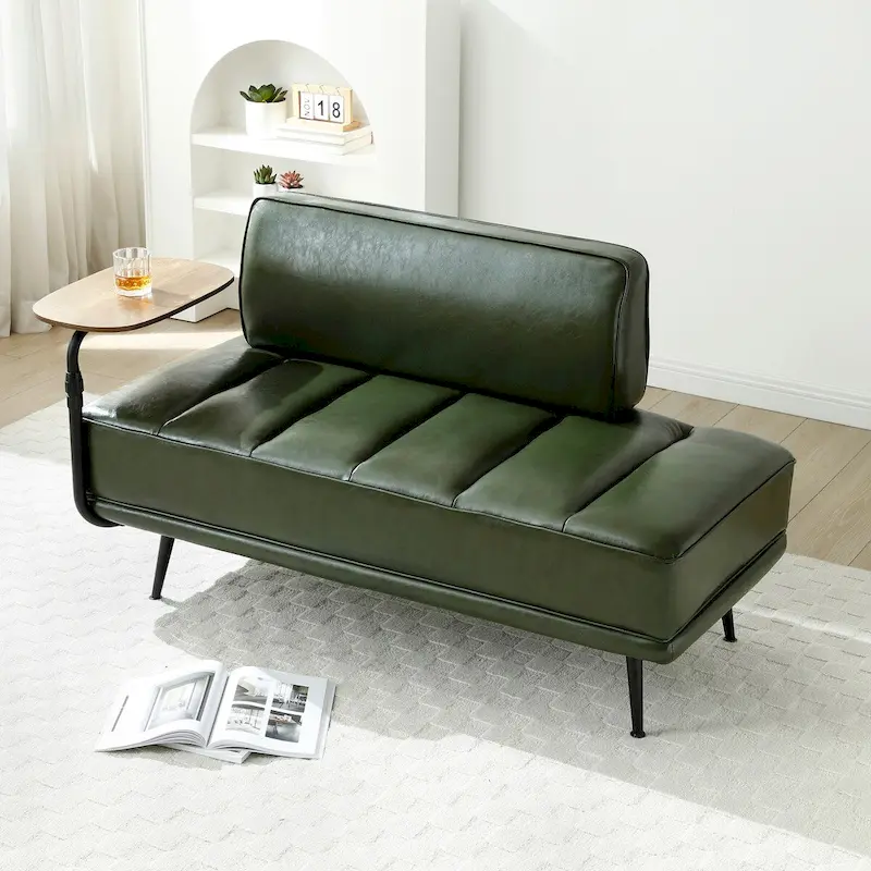 56.3Width End of Bed Bench,Faux Leather Upholstered With side table,360-degree Swivel tray couch,Entryway Ottoman,Metal Legs