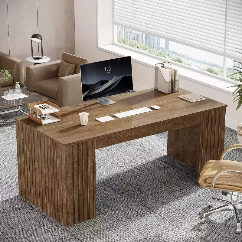 Modern Large Office Computer Desk, Study Writing Table Workstation for Home Office, Brown