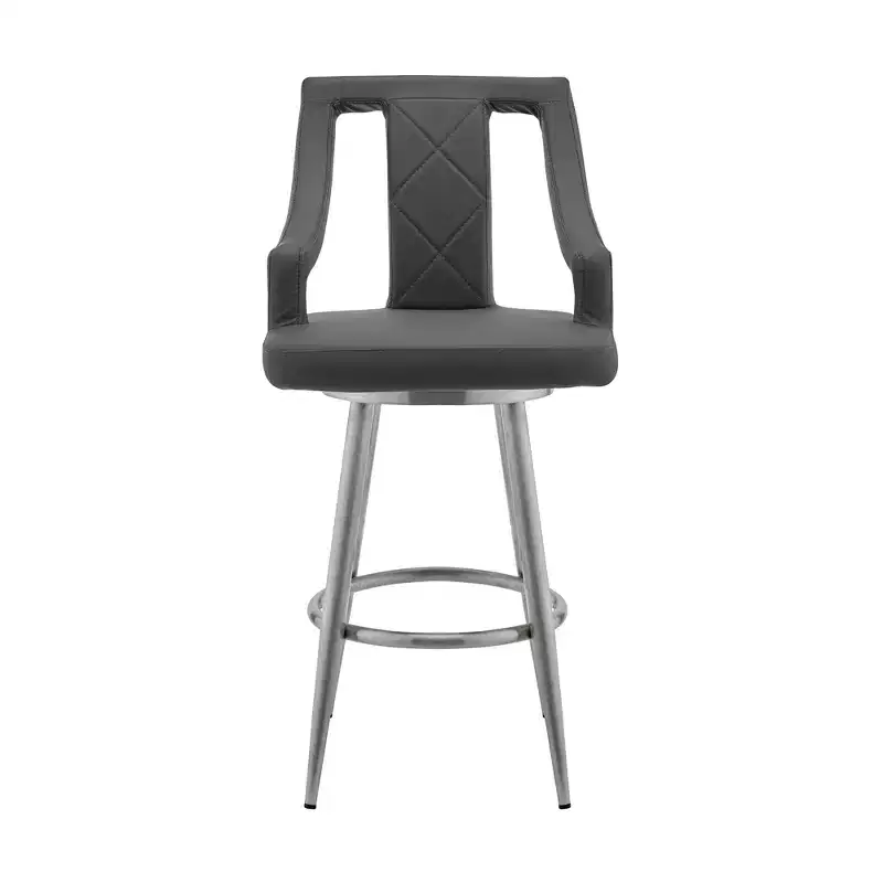 29 Gray And Silver Faux Leather And Iron Swivel Bar Height Bar Chair