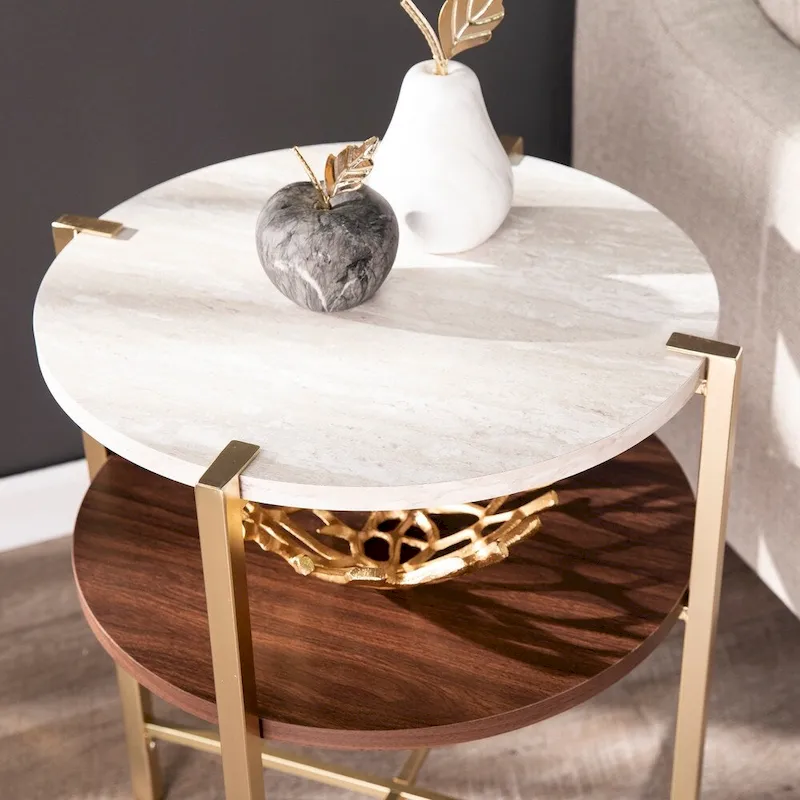 Aldea Modern Round Side Table – Faux Marble Top and Wood Shelf