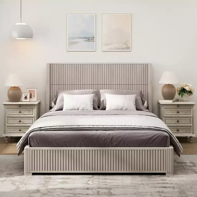 Queen Size Solid Wood Platform Bed Frame with Headboard, No Box Spring Needed and Easy Assembly, Beige