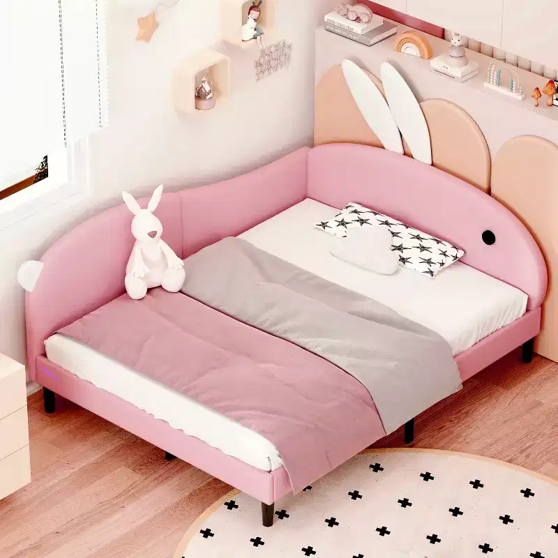 Full Size Upholstered Cute Kids Daybed, Rabbit Shape Sofabed with Headboard for Girls, Pink