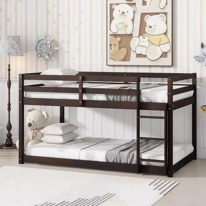 Wooden Bunk Bed Twin Over Twin, Solid Rubberwood Bed Frame with Built-in Ladder, for Small Spaces,Bedroom,Space Saving, No Box Spring Needed