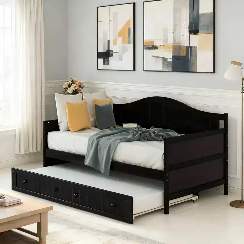 Wooden Daybed with Easy-Pull Trundle for Bedroom and Living Room