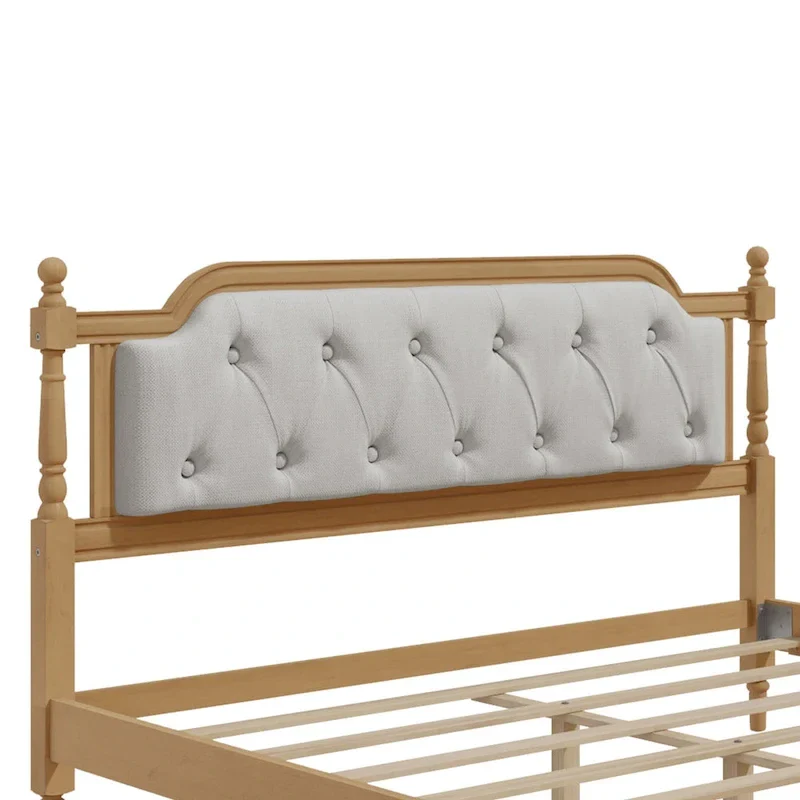 Solid Wood Bed Frame with Upholstered Tufted Headboard – No Box Spring Needed