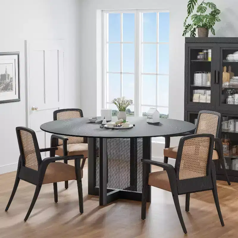 PexFix 60 x 60 Farmhouse Kitchen Dining Room Table Furniture Round Black Kitchen Table with Rattan Woven Legs for Kitchen Bar Living Room
