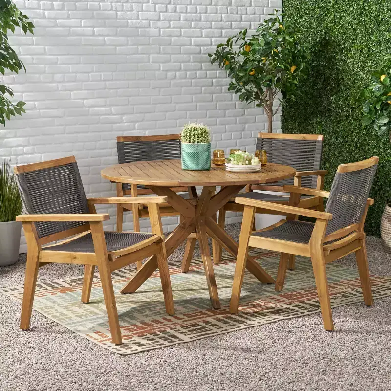 GDFStudio Specter Outdoor Acacia Wood and Rope 5 Piece Dining Set, Teak/Dark Gray