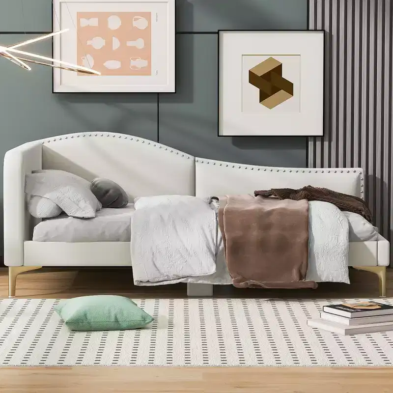 Twin/Full Size Upholstered Daybed with Headboard, Armrest and Support Legs, Grey/Beige-ModernLuxe