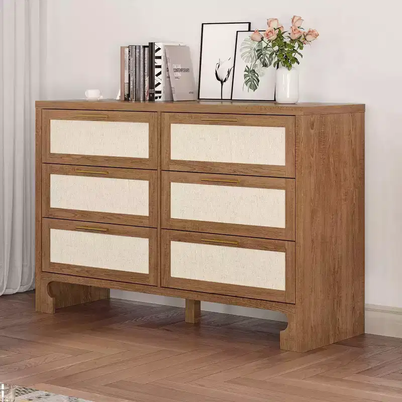 6 Drawers for Bedroom, 47.2 Inch Chest of Dressers, Farmhouse Burlap Wide Closet Dressers Chest of Drawers Brown