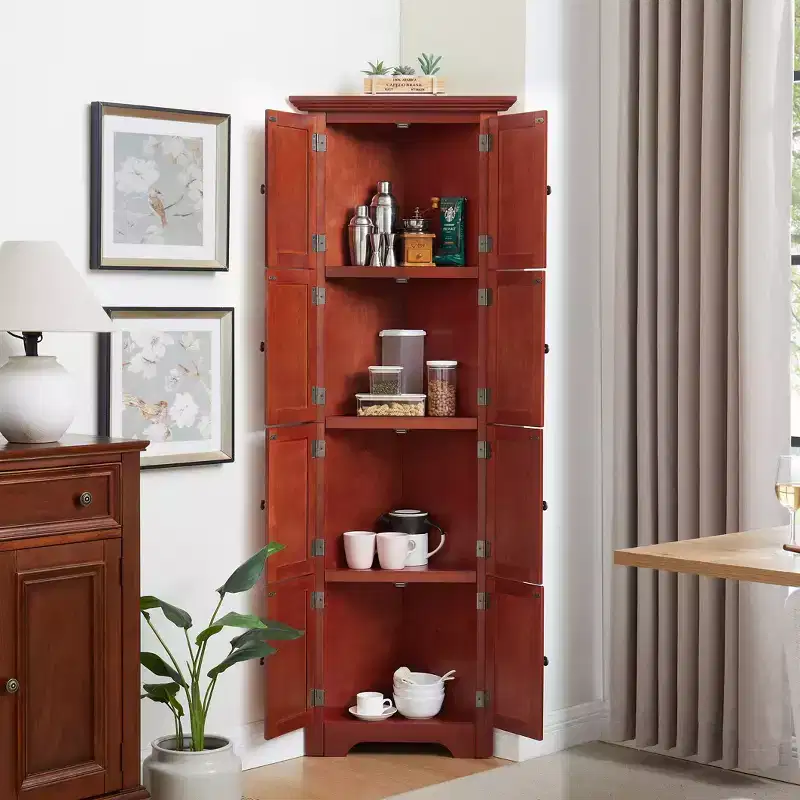 4-Tier Corner Kitchen Pantry, Corner 8-Door Tall Storage Cabinet with Adjustable Shelves, Home Farmhouse Bookshelf Cabinet for Living Room