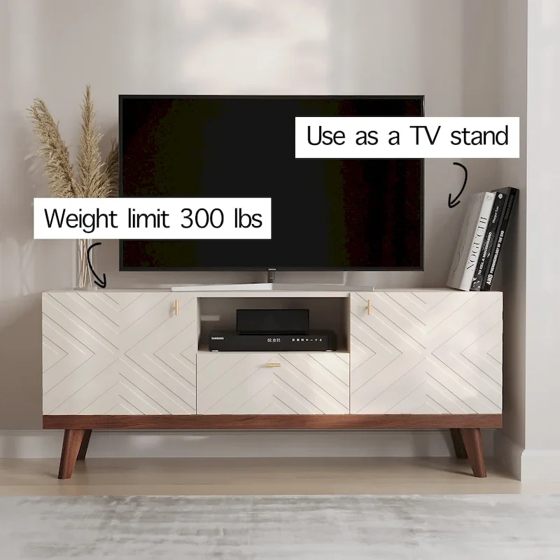 Mid-Century Modern TV Stand Console with Drawer, Beige, Fits TVs up to 65 in, Wood Legs