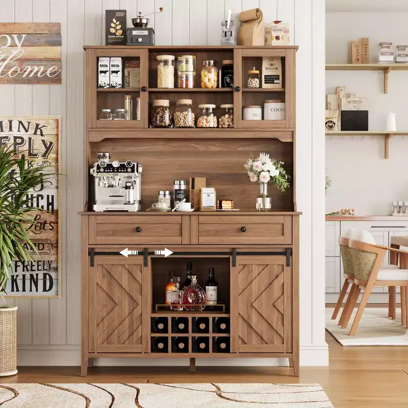 Wine Bar Cabinet, Farmhouse Kitchen Pantry Storage Cabinet with Wine Racks & Drawers, LED Lighted Kitchen Hutch with Sliding Doors