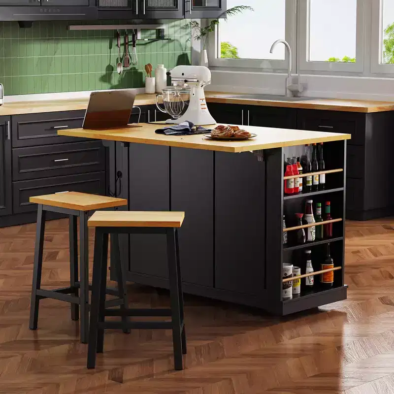 CLIHOME 53 Large Kitchen Island with Drop Leaf,Door Internal Storage Rack, Rolling Kitchen Cart on 5 Wheels with 5 Open Side Racks