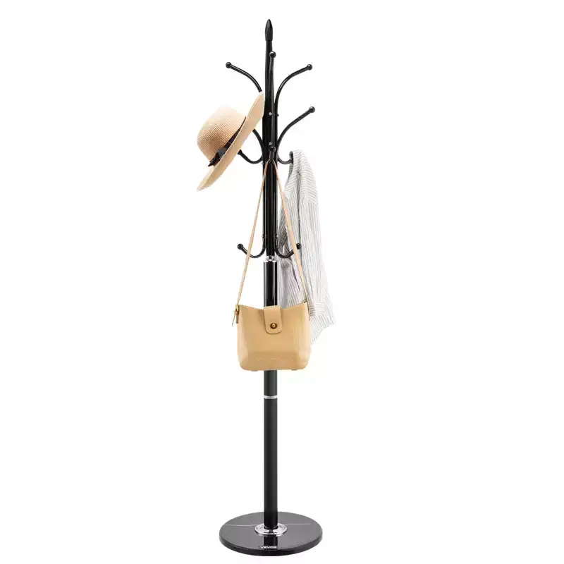 VEVOR Coat Rack Freestanding, Coats Tree Stand with Stable Marble Base & 6 Hooks, Free Standing Hall Coat Rack for Entryway, Bedroom, Office, Black