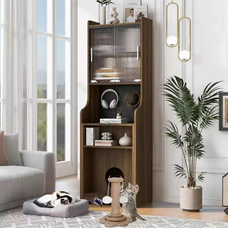 Foldable Office Desk Pet-friendly Gaming Desk with Hutch, Pegboard, Free Cat Bed & Scratching Post, Walnut - ModernLuxe