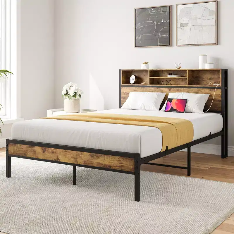Full Size Bed Frame with Storage Headboard, Metal Platform Bed with Charging Station, Bookcase Storage, No Box Spring Needed, Easy Assembly