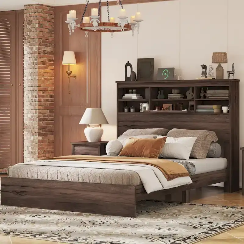 Queen Size Platform Bed with Storage Headboard and USB Ports