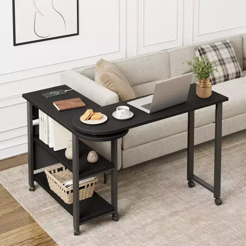 360 Rotating Side Table with Charging Station&Storage Bag,Swivel Mobile Sofa Table with 6 Lockable Wheels, Movable End Table for Bedroom&Living Room