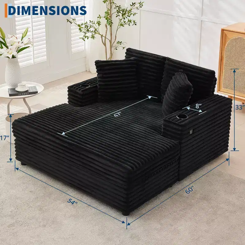 COZONY 60 Oversized Corduroy Chaise Lounge Chair, Deep Seat Reading Couch with Cup Holder & Throw Pillows for Living Room or Bedroom