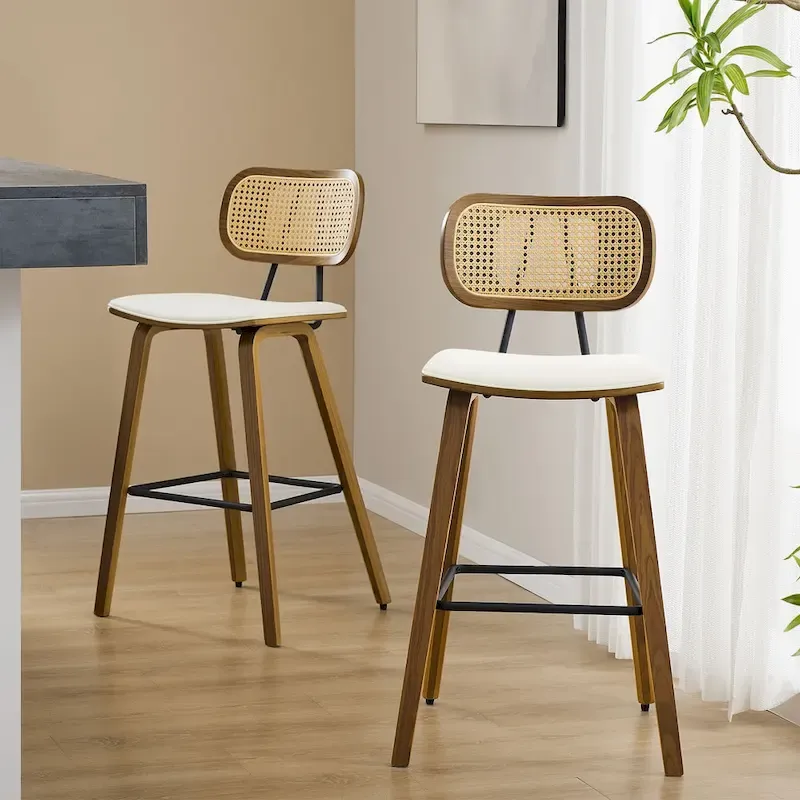 26-inch Wood Counter Height Bar Stools with Rattan Back