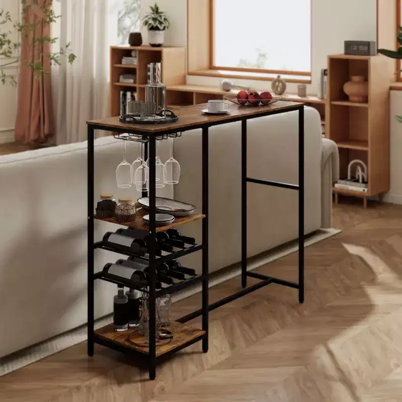 Costway 48 Long Bar Table with Storage Shelves Wine Racks & Stemware Holders for Kitchen