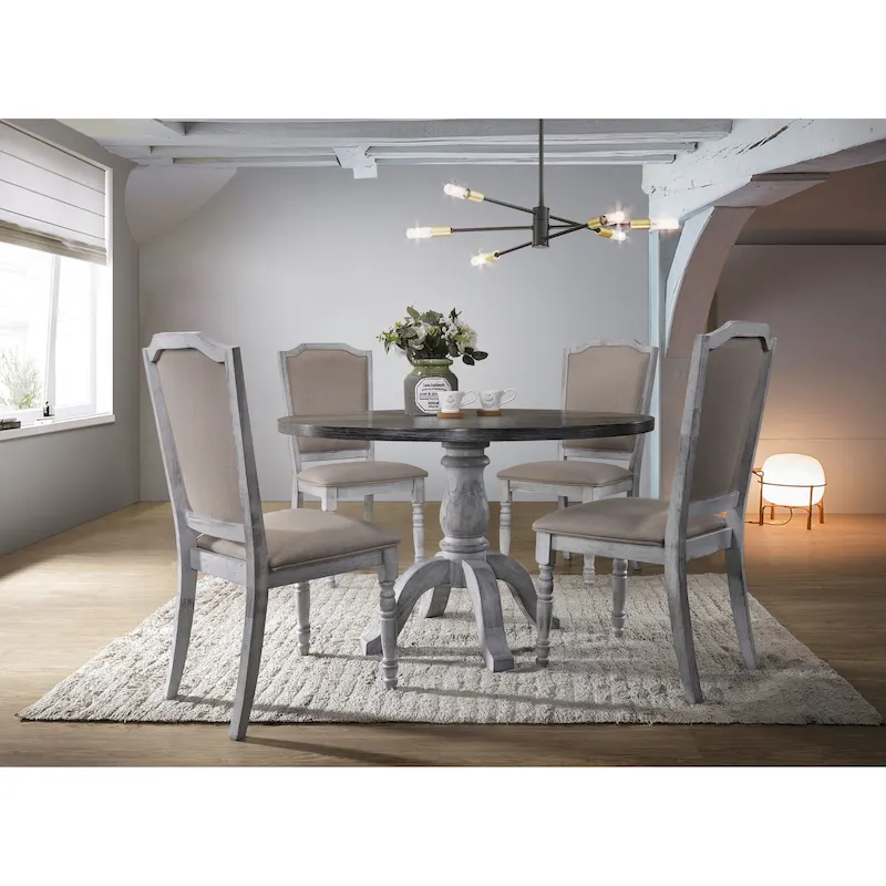 Vintage Style Weathered Finish Dining Table with Round Pedestal and 4 Upholstered Chairs