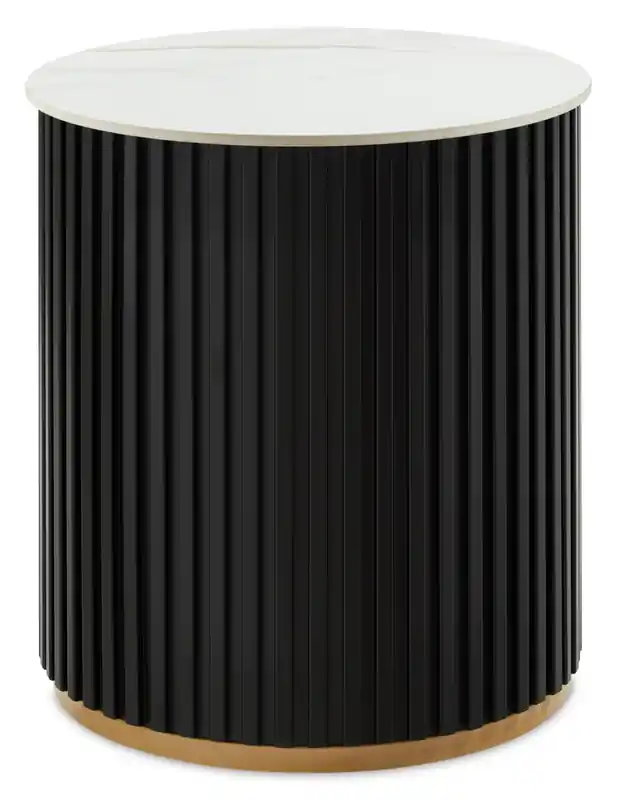 Modern Round End Table with White Sintered Stone Top - Black and Gold